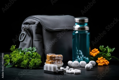 A gym bag with a water bottle, protein bar, and vitamin supplements neatly packed, symbolizing a fitness routine