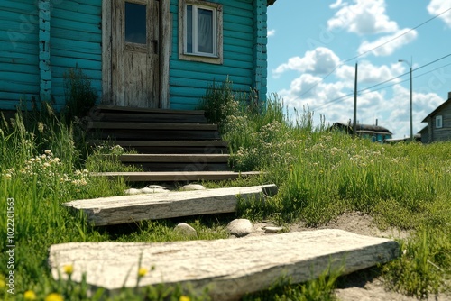 A hyper-detailed image of a rural home with the door slightly ajar, showing every texture of the worn wood and the surrounding overgrown grass