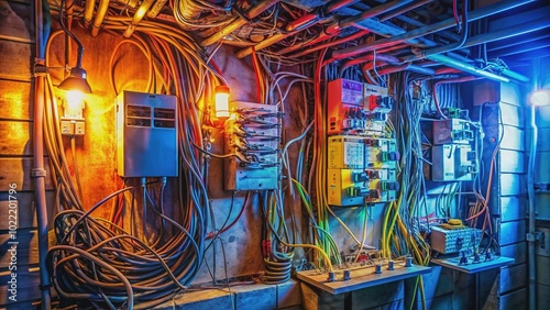 Vibrant colors illuminate a cluttered home basement as a complex circuit breaker's intricate wiring takes center stage, awaiting repair beneath dim overhead lighting. photo