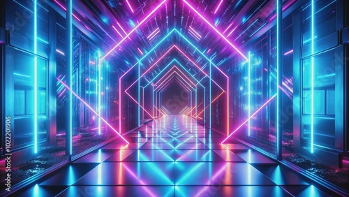 Vibrant neon blue and pink lights emanate from a pulsating square gateway, distorting reality and beckoning viewers into another dimension through a hypnotic geometric portal.