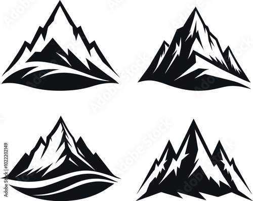 Minimalist mountain logos, triangular mountain peaks, abstract alpine symbols, mountain silhouettes