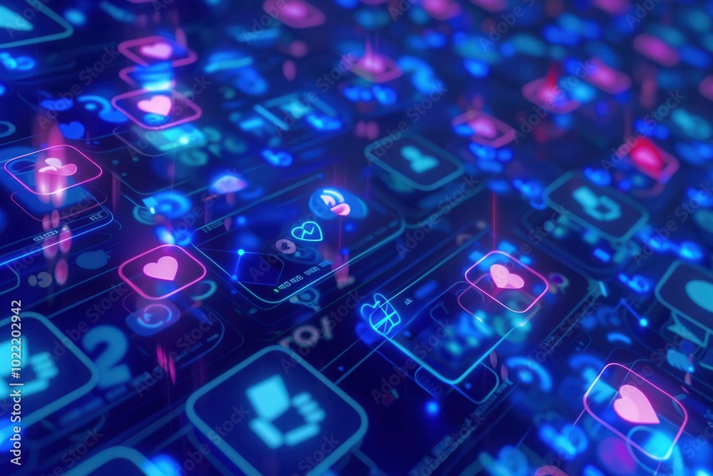 Colorful like and comment icons emerge on smartphone screens, illustrating the energetic engagement within today's digital landscape. Generative AI Colorful like and comment icons emerge on smartphone screens, illustrating the energetic engagement within today's digital landscape. Generative AI