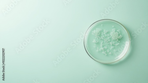 Petri dish with microorganisms on a light green background, symbolizing laboratory research and microbiology.