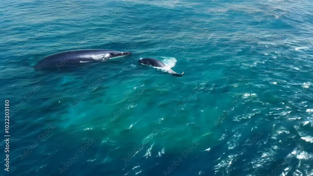 Majestic Aerial View of Mother Humpback Whale and Calf Swimming in Blue Ocean Water Majestic Aerial View of Mother Humpback Whale and Calf Swimming in Blue Ocean Water
