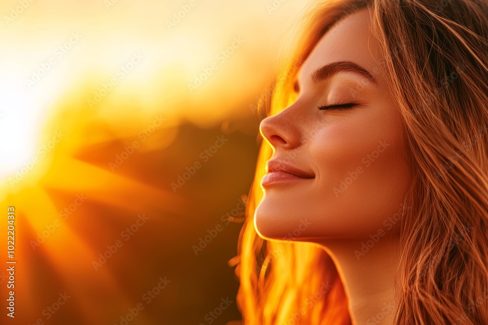 Serene Woman with Closed Eyes Under Sunset Glow Serene Woman with Closed Eyes Under Sunset Glow