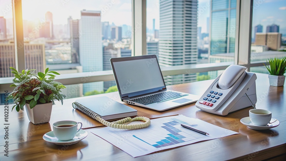 Fototapeta premium Modern office desk with a telephone, laptop, and financial documents scattered on it, conveying a sense of professionalism and expertise in financial planning.