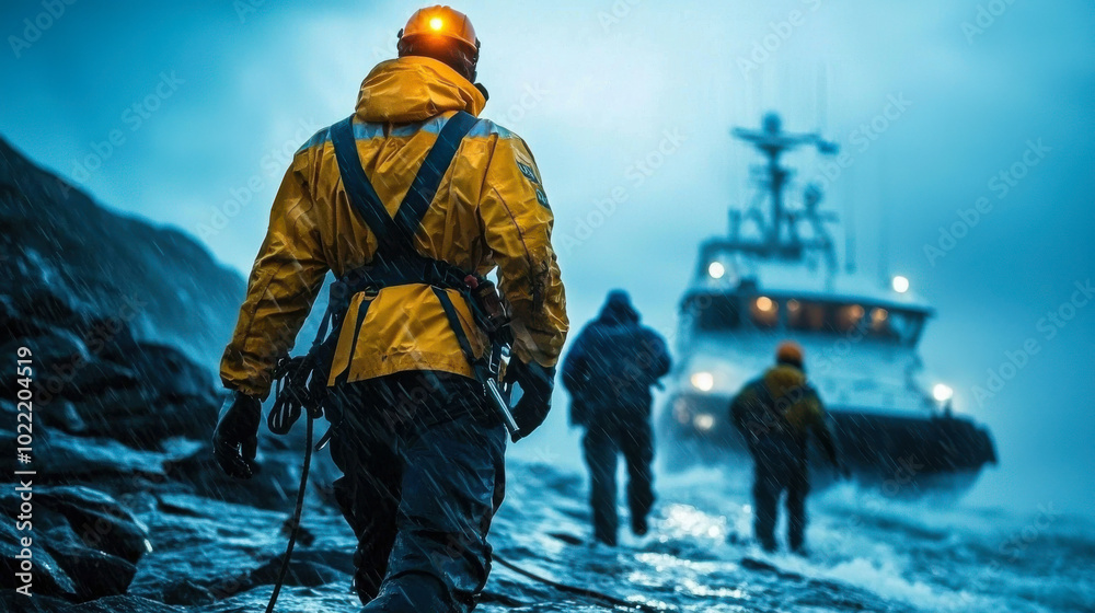 group of individuals in yellow rain gear walks along rocky shore towards boat in stormy weather, showcasing resilience and teamwork in challenging conditions group of individuals in yellow rain gear walks along rocky shore towards boat in stormy weather, showcasing resilience and teamwork in challenging conditions