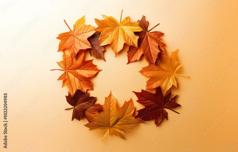 A circle of autumn leaves in various shades of orange and brown on a soft orange background. A circle of autumn leaves in various shades of orange and brown on a soft orange background.