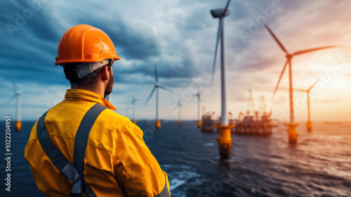 worker in safety helmet observes offshore wind turbines against dramatic sky, showcasing renewable energy and industrial innovation. scene conveys sense of progress and environmental responsibility