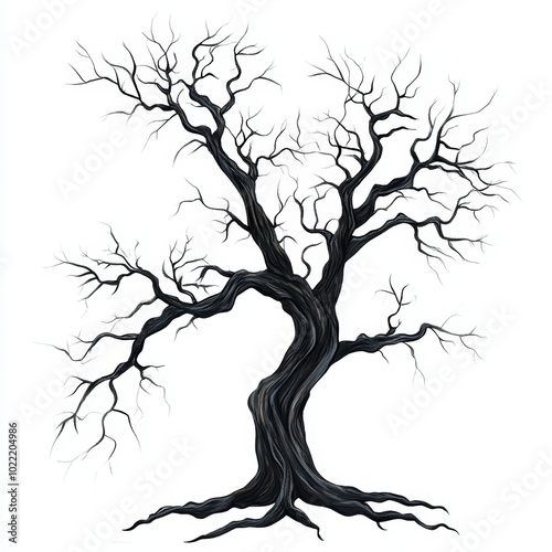 Scaring leafless tree over white background