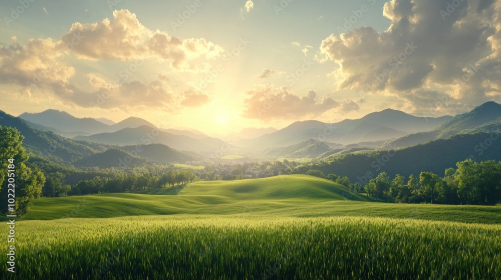 Naklejka premium Lush Green Fields Under a Captivating Skyline