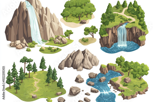 isometric mountain landscape with wild terrain forests rocks river and waterfall vector