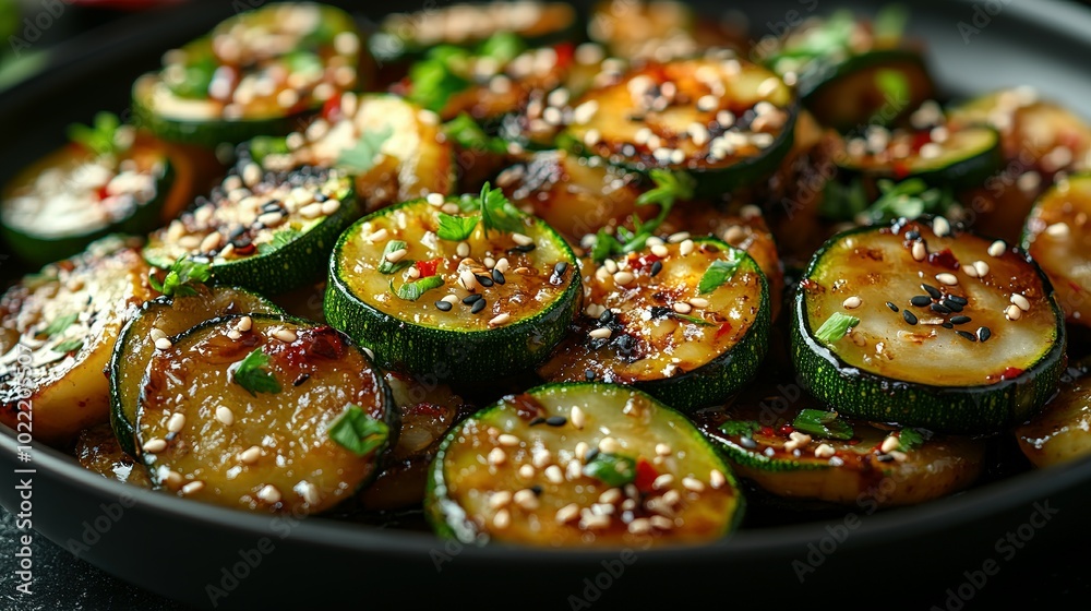 Close-Up of Sauteed Zucchini Slices Topped with Sesame Seeds and Herbs Close-Up of Sauteed Zucchini Slices Topped with Sesame Seeds and Herbs