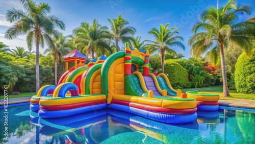 Colorful inflatable bounce house with a winding slide and a sparkling blue pool in a sunny water park, surrounded by lush greenery and palm trees. photo