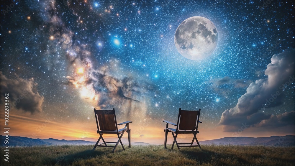 Fototapeta premium Celestial night scene with silhouette of two empty chairs side by side, overlooking a vast starry sky filled with twinkling constellations and a bright moon.