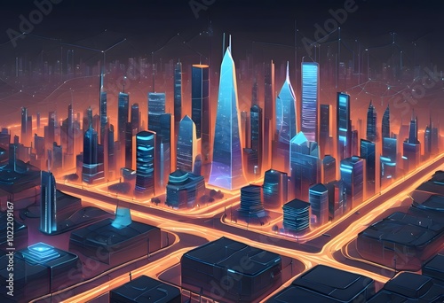 Illuminated Urban Skyline of the Future World
