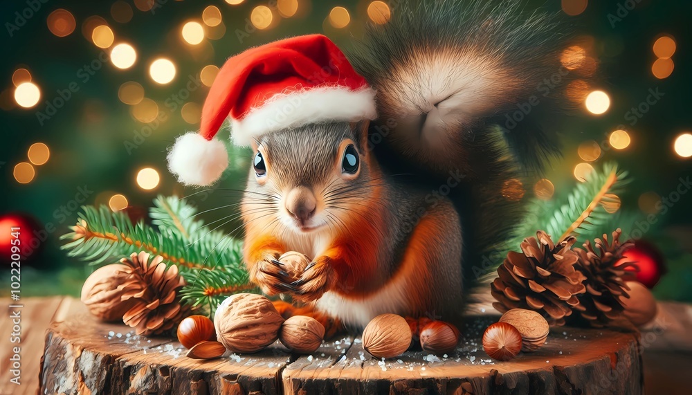 squirrel with christmas hat and christmas atmosphere. created with generative AI squirrel with christmas hat and christmas atmosphere. created with generative AI