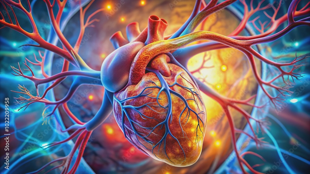 A vibrantly colored 3D illustration of a diseased heart shows severely ...
