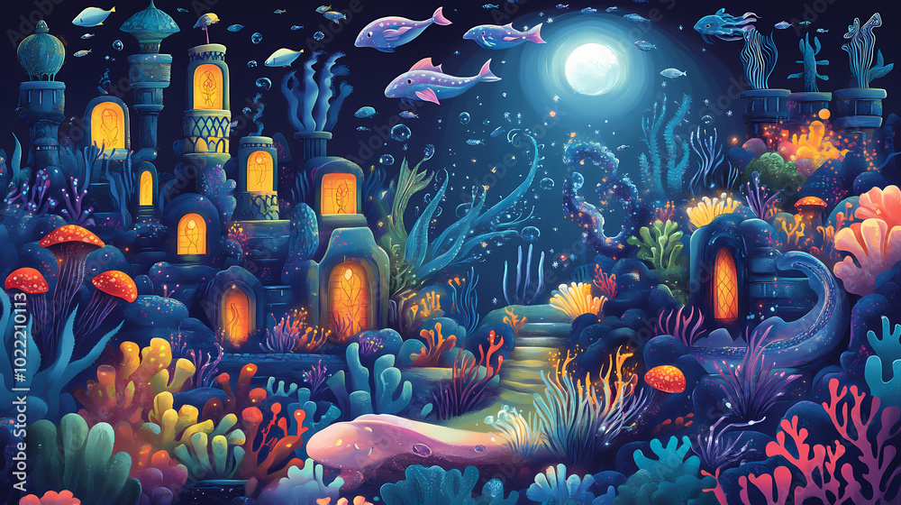 Illustration of a mythical underwater kingdom with mermaids sea monsters and sunken treasures hidden beneath the waves in a world of eternal twilight and enchantment. Mermaid Kingdom. Illustration Illustration of a mythical underwater kingdom with mermaids sea monsters and sunken treasures hidden beneath the waves in a world of eternal twilight and enchantment. Mermaid Kingdom. Illustration