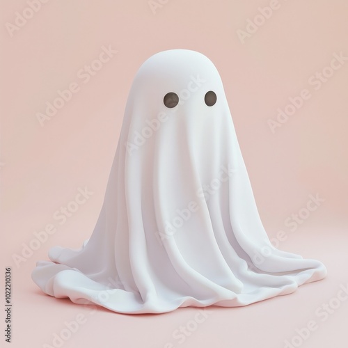 A cute, cartoonish ghost figurine with round eyes, set against a soft pink background.