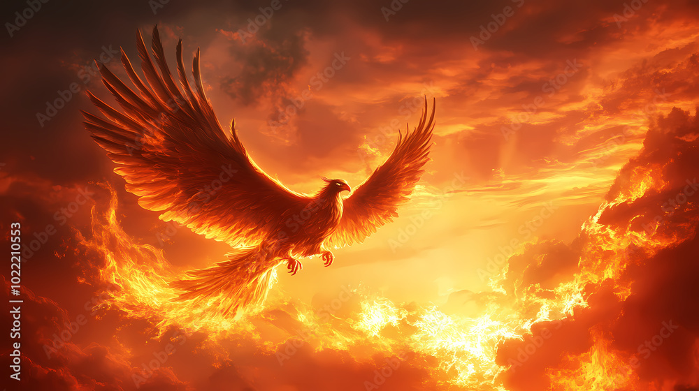 Obraz premium Illustration of a phoenix soaring against a backdrop of a dramatic sunset sky behind the mythical creature. Phoenix in Flames. Illustration