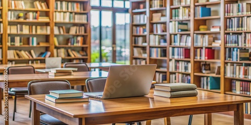 A cluttered study table in a quiet library with various textbooks, notes, and laptops, against a blurred background of bookshelves, awaiting a student's attention.