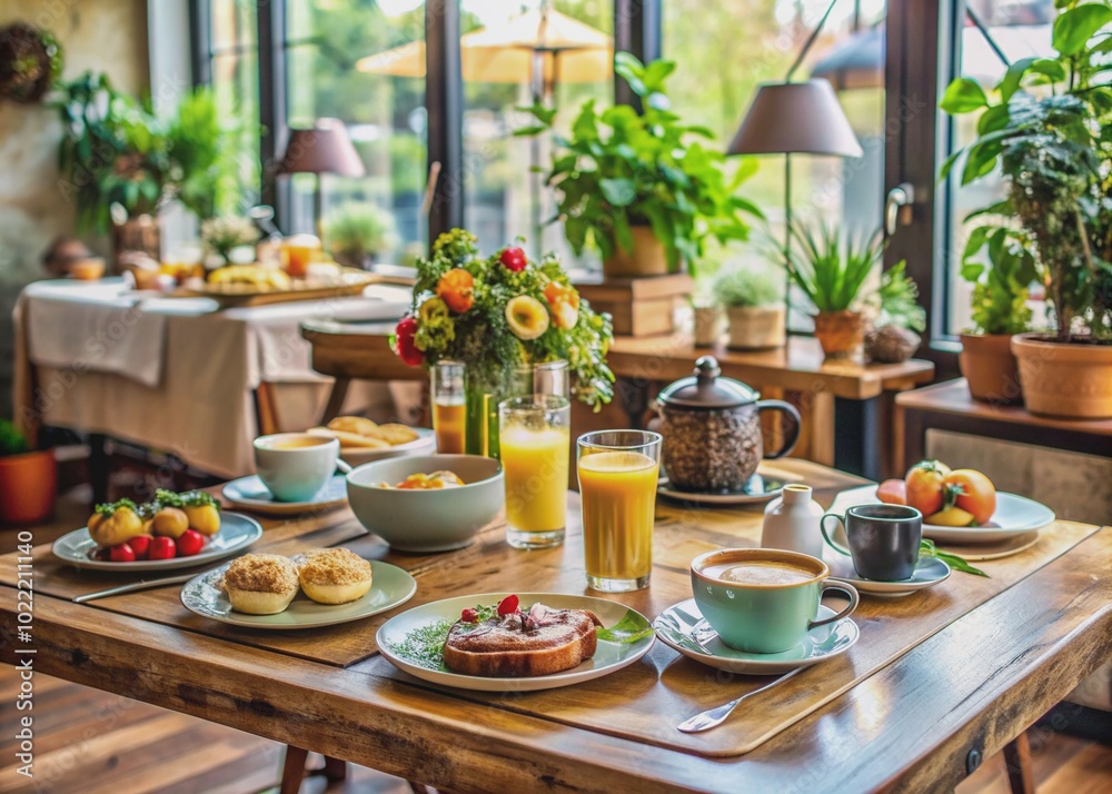 A beautifully styled coffee shop table setting awaits, with plates, utensils, glasses, and a delicious brunch spread, surrounded by warm and cozy atmosphere.