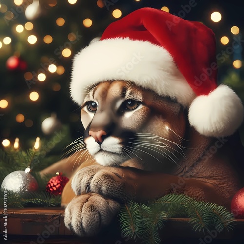 puma with christmas hat and christmas atmosphere. created with generative AI