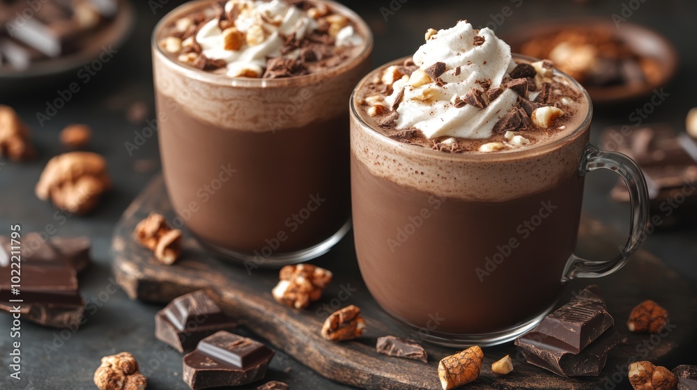 Two mugs of chocolate drink topped with whipped cream and nuts. Two mugs of chocolate drink topped with whipped cream and nuts.
