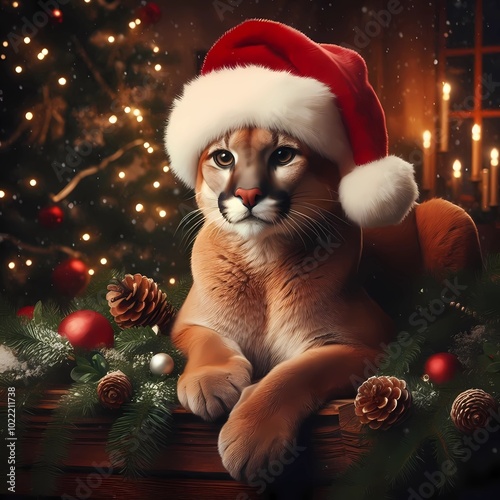puma with christmas hat and christmas atmosphere. created with generative AI