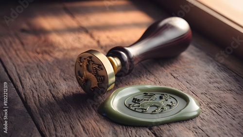 Brass Wax Seal Stamp with Dragon Emblem on Wooden Table