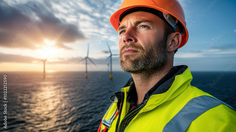 Man in safety gear gazes at wind turbines during sunset, showcasing dedication to renewable energy and environmental sustainability Man in safety gear gazes at wind turbines during sunset, showcasing dedication to renewable energy and environmental sustainability