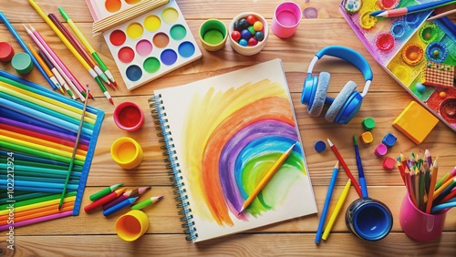 Vibrant colors surround a desk littered with art supplies, headphones, and a sketchbook, capturing the essence of creativity in a child's artistic expression. photo