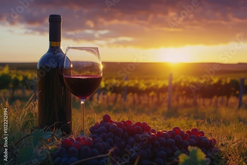 Stunning Sunset View Over Vineyard with Wine Glass photo