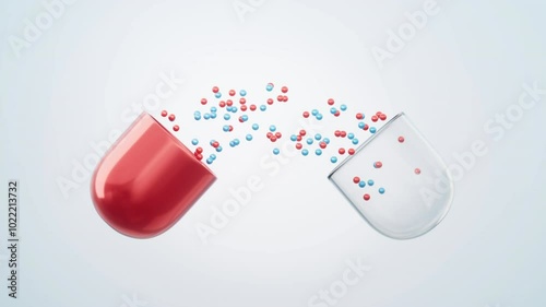 An animation of a capsule opening and particles moving against a blue background,3D rendering