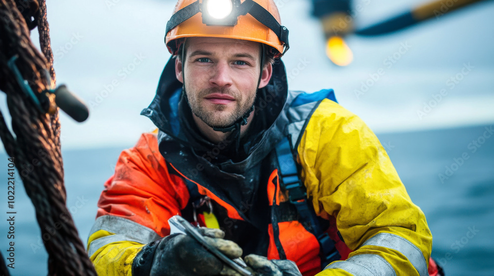 focused fisherman in bright orange and yellow waterproof jacket, wearing helmet with light, prepares his gear on boat. ocean backdrop adds to adventurous spirit of scene focused fisherman in bright orange and yellow waterproof jacket, wearing helmet with light, prepares his gear on boat. ocean backdrop adds to adventurous spirit of scene