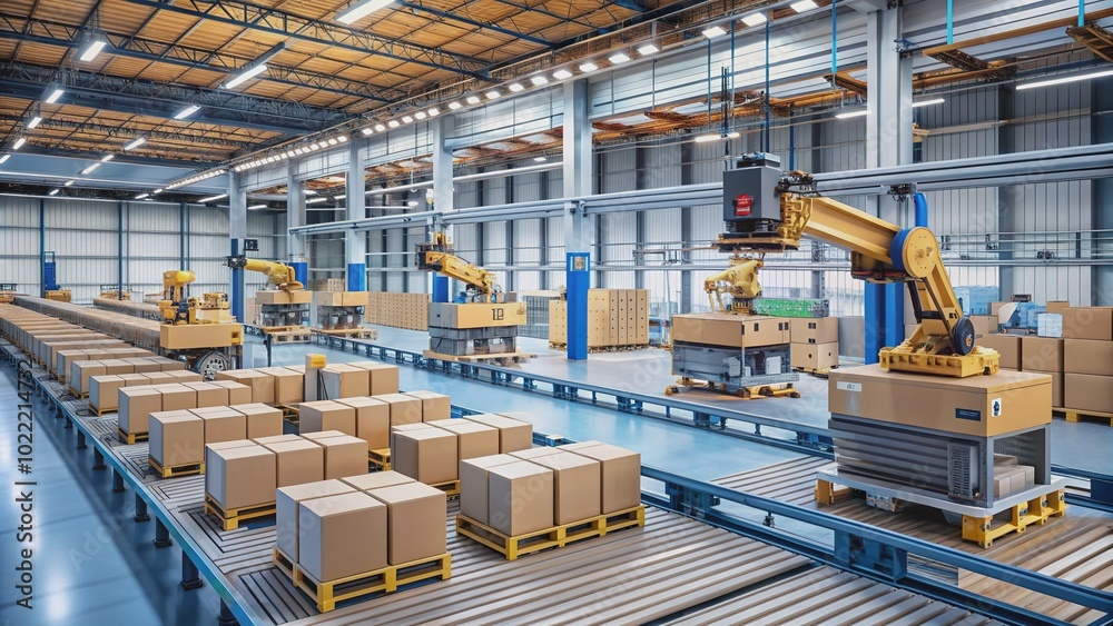Modern robotic systems and automated machinery work together in a busy warehousing facility, efficiently processing and preparing packages for fast online order fulfillment. Modern robotic systems and automated machinery work together in a busy warehousing facility, efficiently processing and preparing packages for fast online order fulfillment.