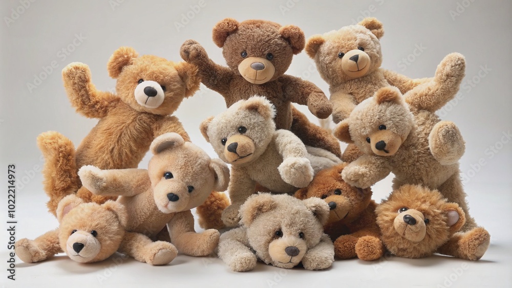 Adorable plush teddy bears tumble and topple in a hilarious handstand pose, their tiny paws and legs splayed out in a comedic chaotic heap. Adorable plush teddy bears tumble and topple in a hilarious handstand pose, their tiny paws and legs splayed out in a comedic chaotic heap.