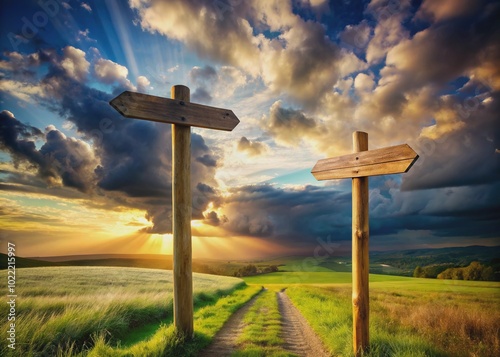 Two wooden signposts stand at a crossroads, one pointing to a serene landscape with a sunny sky and the other to a dark, stormy horizon. photo