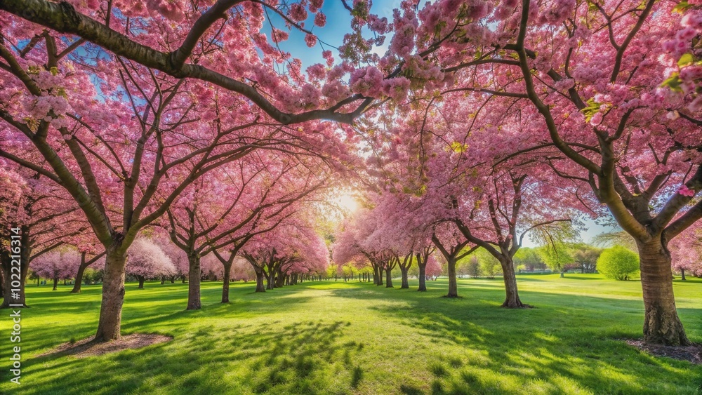 Vibrant pink cherry blossoms bloom above lush green grass, casting dappled shade on a serene spring day, evoking feelings of love and tranquility in a peaceful atmosphere. Vibrant pink cherry blossoms bloom above lush green grass, casting dappled shade on a serene spring day, evoking feelings of love and tranquility in a peaceful atmosphere.