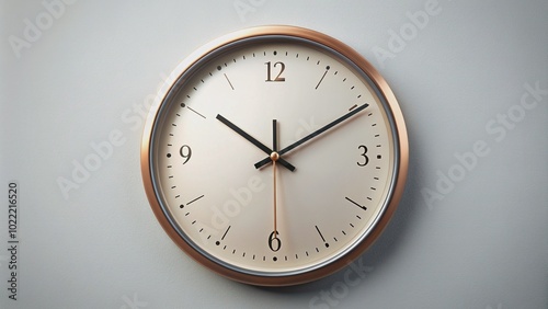 A close-up shot of an analog clock face with hour and minute hands pointed at 10 and 12, respectively, against a plain background.