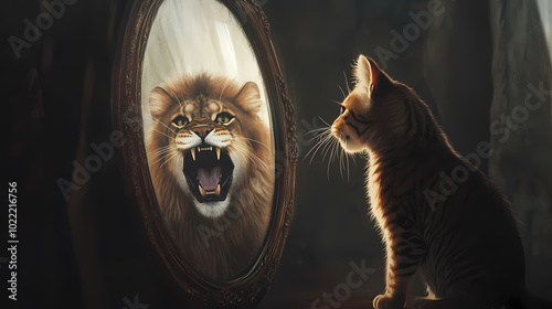 Little cat in front of a mirror with reflection of a roaring lion concept of self belief confidence leadership and courage. Enchanted Mirror. Illustration