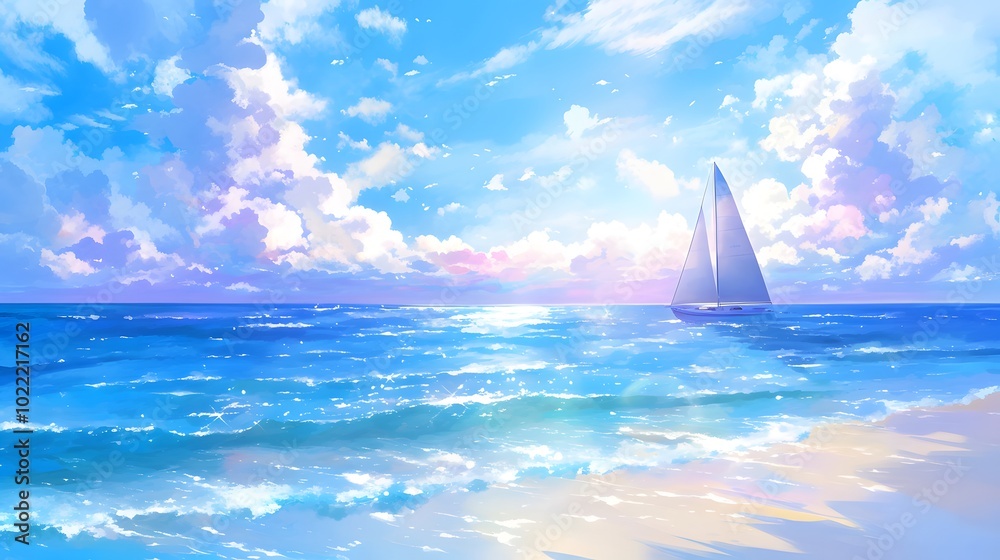anime beach with sailing boat vibrant sea and sky cloud sun