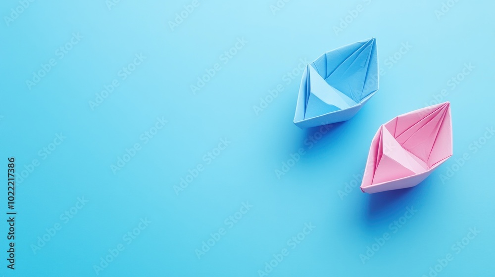 Two Colorful Paper Boats on a Blue Background Two Colorful Paper Boats on a Blue Background