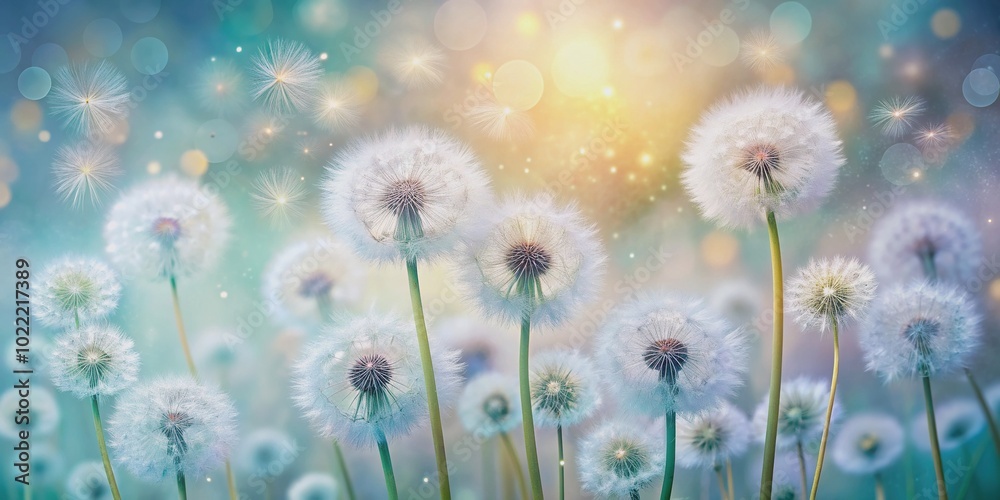 Obraz premium Delicate white dandelions bloom amidst gentle swirls of soft pastel hues, creating a serene and whimsical spring background with a sense of subtle movement.