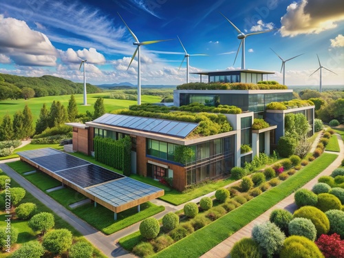 Modern eco-friendly architecture with lush green roofs and walls, photovoltaic panels and wind turbines, set amidst a serene natural landscape with a sunny blue sky. photo