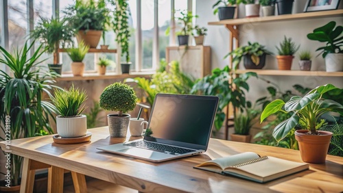 Cozy home workspace with open laptop and notebook on wooden desk, surrounded by plants and minimal decor, conveying a sense of organized remote learning.