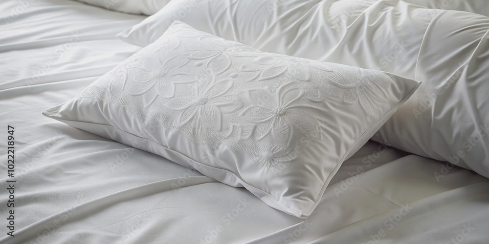 Delicate white pillow with exquisite embossed design rests on a softly rumpled white bed sheet, showcasing subtle texture and serene elegance in a minimalist setting. Delicate white pillow with exquisite embossed design rests on a softly rumpled white bed sheet, showcasing subtle texture and serene elegance in a minimalist setting.