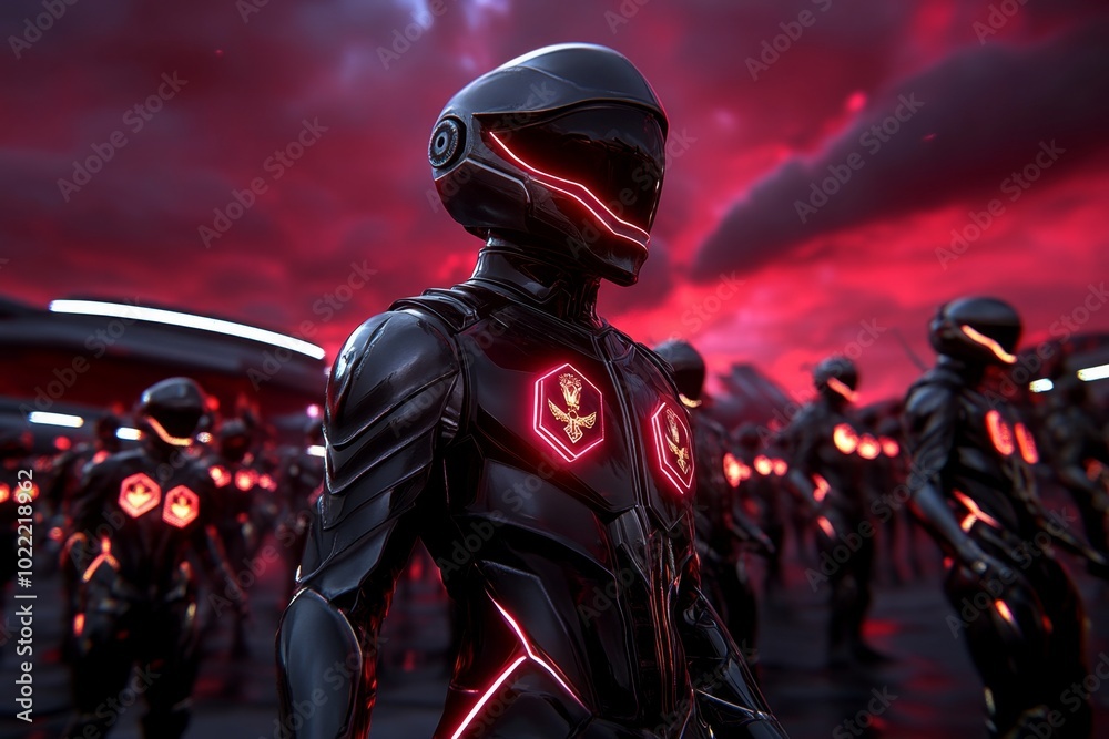 Naklejka premium A fantasy army standing in formation, with glowing honor medals on their chests, preparing for an epic battle under a blood-red sky