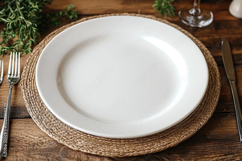 A rustic table setting featuring a white plate on a woven placemat. A rustic table setting featuring a white plate on a woven placemat.